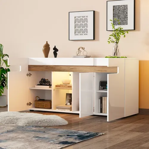 Buffet LED 140cm Blanc Laqué Et Bois 3 Portes Et 2 Niches Avec Éclairage