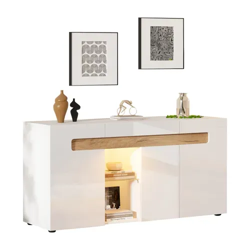 Buffet LED 140cm Blanc Laqué Et Bois 3 Portes Et 2 Niches Avec Éclairage