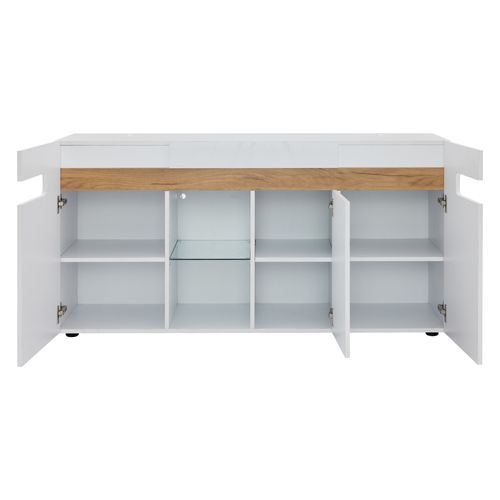 Buffet LED 140cm Blanc Laqué Et Bois 3 Portes Et 2 Niches Avec Éclairage