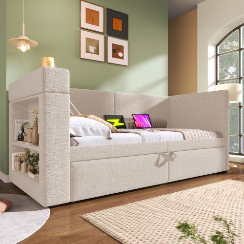 Lit Gigogne Enfant 90x200 Cm Avec Port De Charge Et Porte-gobelets, Beige