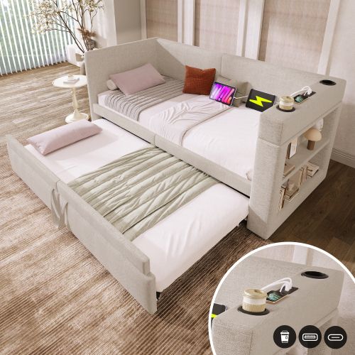 Lit Gigogne Enfant 90x200 Cm Avec Port De Charge Et Porte-gobelets, Beige