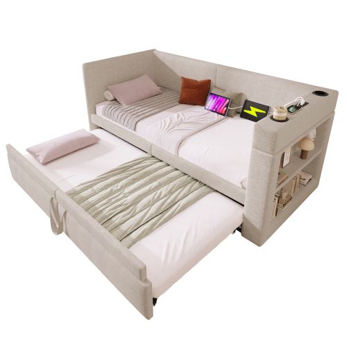 Lit Gigogne Enfant 90x200 Cm Avec Port De Charge Et Porte-gobelets, Beige