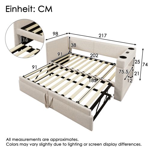 Lit Gigogne Enfant 90x200 Cm Avec Port De Charge Et Porte-gobelets, Beige