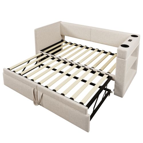 Lit Gigogne Enfant 90x200 Cm Avec Port De Charge Et Porte-gobelets, Beige
