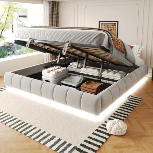 Lit Coffre 180x200 Cm, Lit Adulte 180x200 Cm Avec Éclairage LED, Sans Tête De Lit, Beige