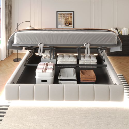 Lit Coffre 180x200 Cm, Lit Adulte 180x200 Cm Avec Éclairage LED, Sans Tête De Lit, Beige