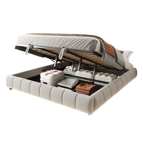 Lit Coffre 180x200 Cm, Lit Adulte 180x200 Cm Avec Éclairage LED, Sans Tête De Lit, Beige