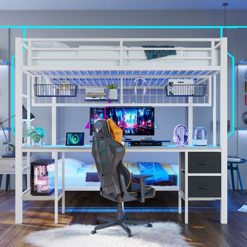 Lit Superposé 90x200 Cm Et 140x200 Cm Avec 2 Tiroirs, Étagère, Grille, Bureau, LED, Port USB, Blanc