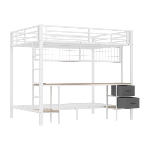Lit Superposé 90x200 Cm Et 140x200 Cm Avec 2 Tiroirs, Étagère, Grille, Bureau, LED, Port USB, Blanc