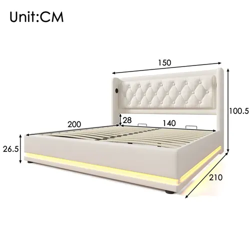 Lit140x200cm,lit Coffre,2 Places,lit Avec Rangement,led,usb,tête De Lit,pu, Blanc
