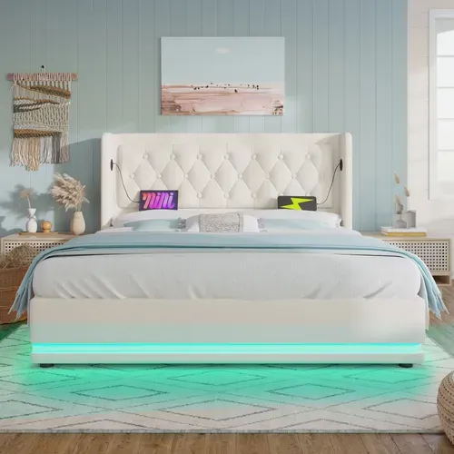 Lit140x200cm,lit Coffre,2 Places,lit Avec Rangement,led,usb,tête De Lit,pu, Blanc