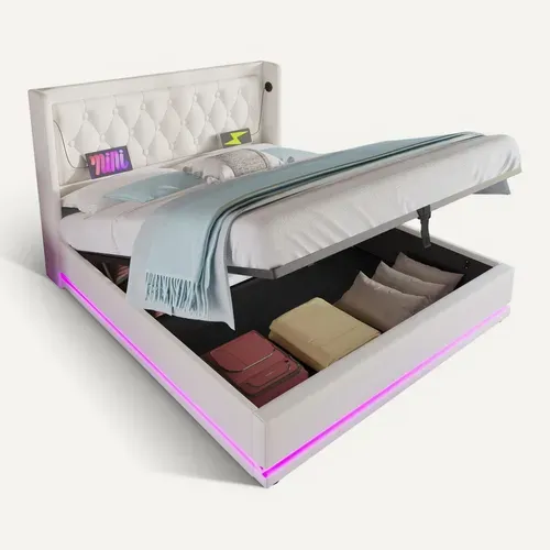 Lit140x200cm,lit Coffre,2 Places,lit Avec Rangement,led,usb,tête De Lit,pu, Blanc