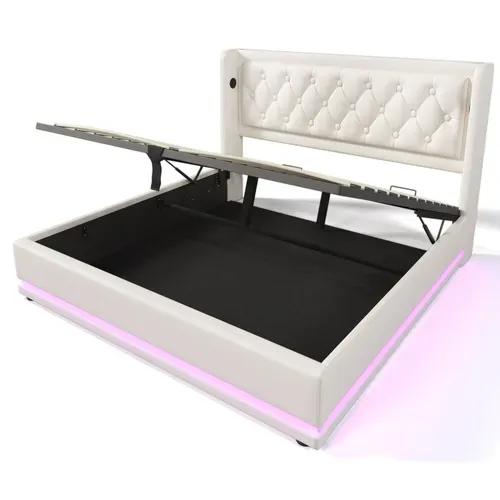 Lit140x200cm,lit Coffre,2 Places,lit Avec Rangement,led,usb,tête De Lit,pu, Blanc