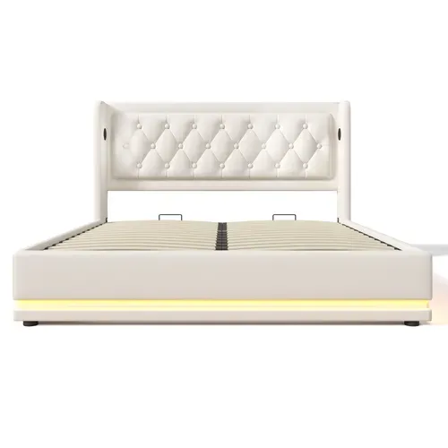 Lit140x200cm,lit Coffre,2 Places,lit Avec Rangement,led,usb,tête De Lit,pu, Blanc