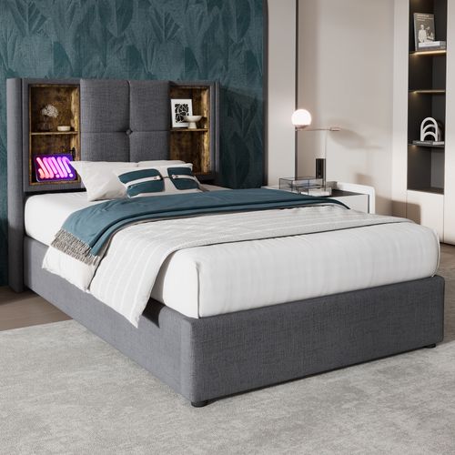 Lit90x200,lit Coffre,lit 1 Place,cadre De Lit,lit Avec Rangement,usb,coton,gris