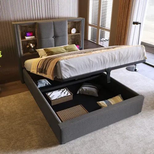 Lit90x200,lit Coffre,lit 1 Place,cadre De Lit,lit Avec Rangement,usb,coton,gris