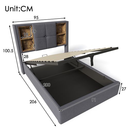 Lit90x200,lit Coffre,lit 1 Place,cadre De Lit,lit Avec Rangement,usb,coton,gris