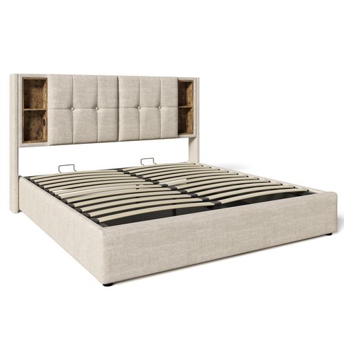 Lit 160x200,lit Coffre,cadre De Lit,lit Avec Rangement,usb,tête De Lit,lin,beige