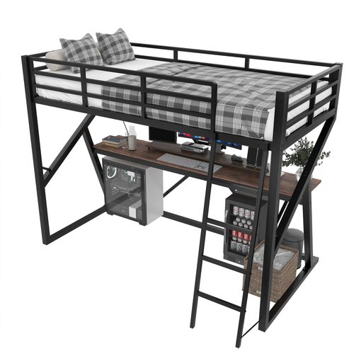 Lit Mezzanine Simple 90x200cm Bandes LED, Bureau Et Échelle, Métal Noir