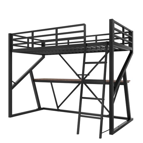 Lit Mezzanine Simple 90x200cm Bandes LED, Bureau Et Échelle, Métal Noir