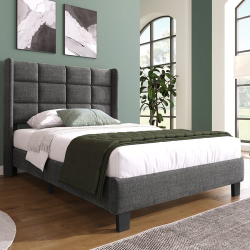 Lit90x200,lit 1 Place,lit Adulte,cadre De Lit,tête De Lit,lin,gris