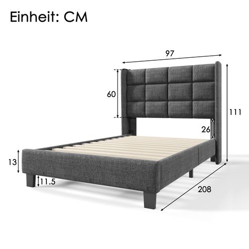 Lit90x200,lit 1 Place,lit Adulte,cadre De Lit,tête De Lit,lin,gris