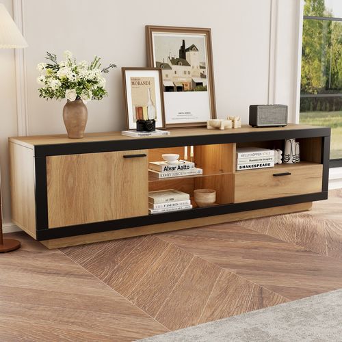 Meuble TV Noir Et Chêne Avec Éclairage LED Et Rangement, 160x40x50 Cm