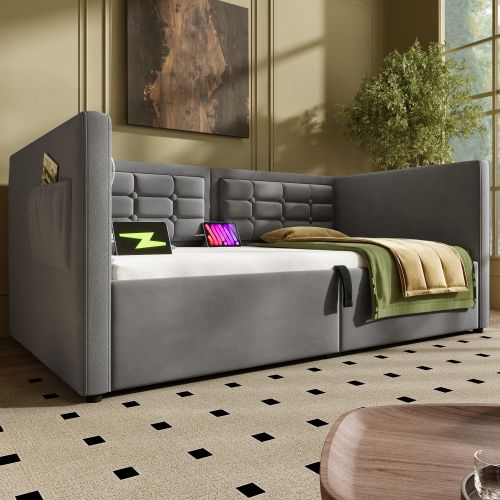 Lit Coffre 90x190 Cm, Lit Enfant Avec 2 Poches Latérales, Ports USB Et Type-c, En Velours, Gris