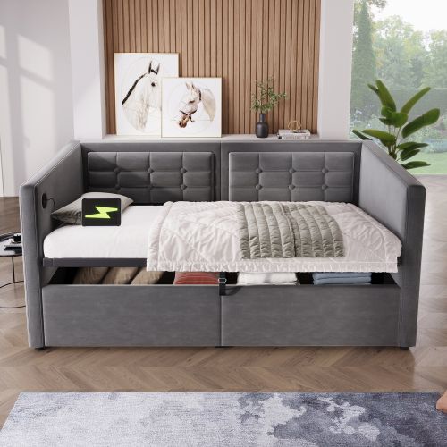 Lit Coffre 90x190 Cm, Lit Enfant Avec 2 Poches Latérales, Ports USB Et Type-c, En Velours, Gris