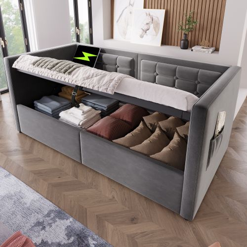 Lit Coffre 90x190 Cm, Lit Enfant Avec 2 Poches Latérales, Ports USB Et Type-c, En Velours, Gris