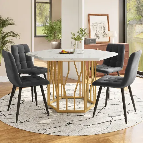 Ensemble Table Et Chaises, Table à Manger Hexagonale Avec Pieds Dorés Et 4 Chaises En Velours Gris