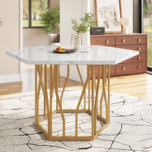 Ensemble Table Et Chaises, Table à Manger Hexagonale Avec Pieds Dorés Et 4 Chaises En Velours Gris