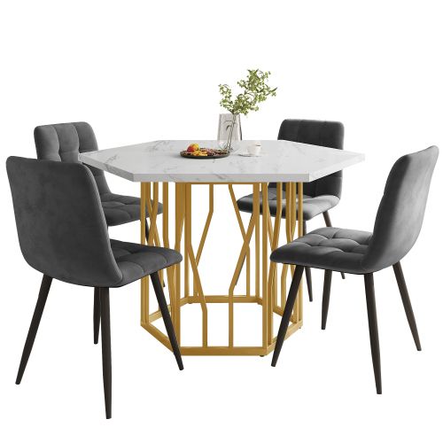 Ensemble Table Et Chaises, Table à Manger Hexagonale Avec Pieds Dorés Et 4 Chaises En Velours Gris