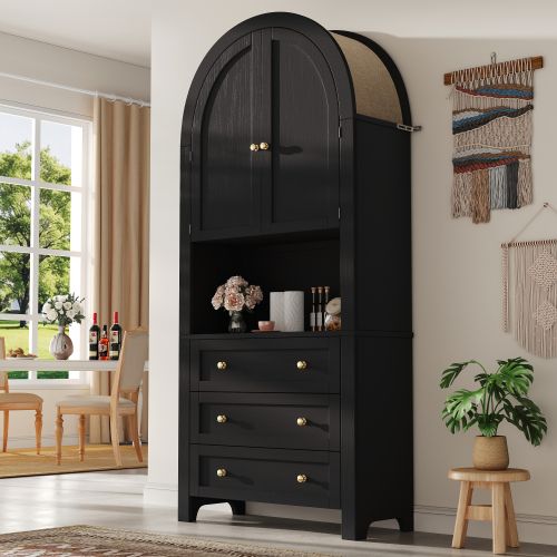Buffet De Cuisine Noir, Buffet Haut Avec 3 Tiroirs, 2 Portes De Rangement Cintrées, Rangement Ouvert
