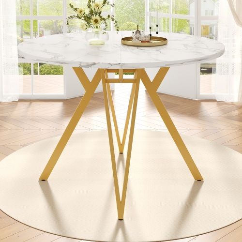 Table à Manger Ronde Avec Pieds En Métal Doré Et Plateau En Mdf, Pour Salon