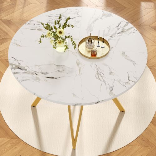 Table à Manger Ronde Avec Pieds En Métal Doré Et Plateau En Mdf, Pour Salon