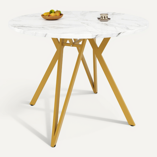 Table à Manger Ronde Avec Pieds En Métal Doré Et Plateau En Mdf, Pour Salon
