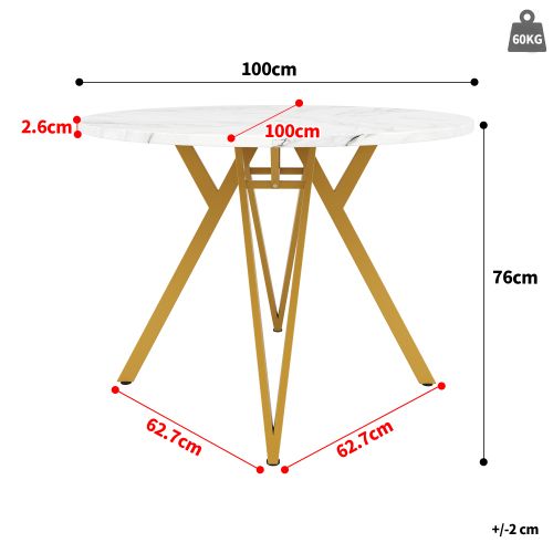 Ensemble Table Et Chaises, Table Ronde En Mdf Avec Pieds En Métal Doré Et 4 Chaises En Lin Gris