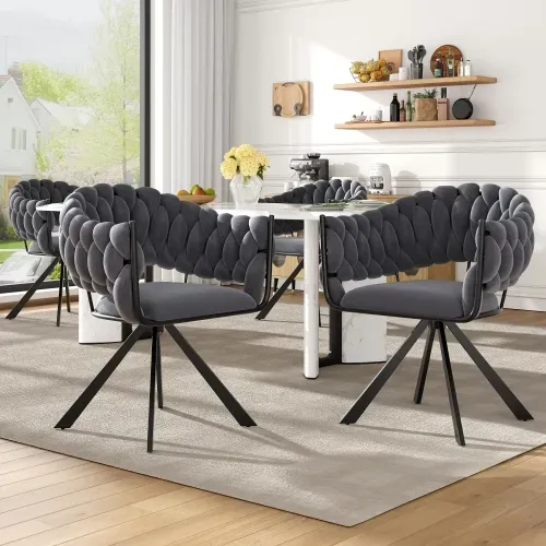 Lot De 4 Chaises De Salle à Manger En Velours Gris, Pieds Réglables En Métal Noir