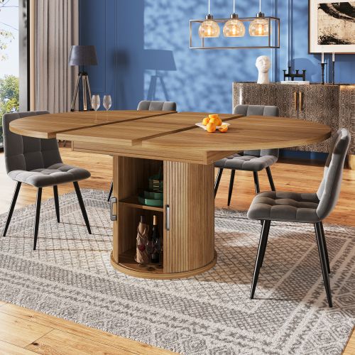 Table à Manger Extensible Ovale Avec Espace De Rangement, Table Pour 6 Personnes, Couleur Bois