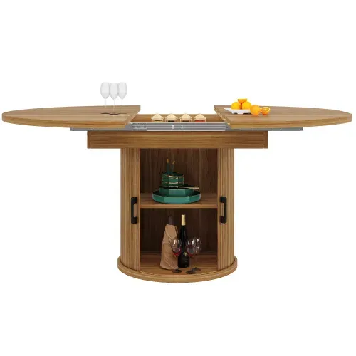 Table à Manger Extensible Ovale Avec Espace De Rangement, Table Pour 6 Personnes, Couleur Bois