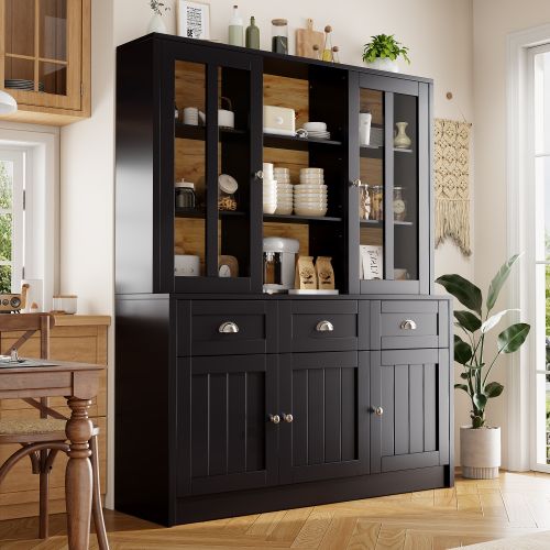 Buffet Haut Avec 3 Tiroirs, Des Étagères Réglables, Rangements Ouverts, Noir