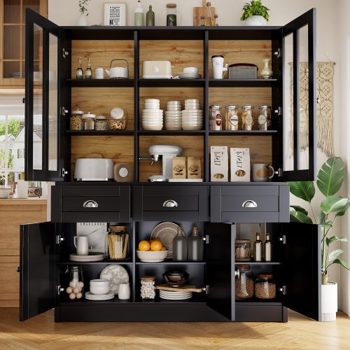 Buffet Haut Avec 3 Tiroirs, Des Étagères Réglables, Rangements Ouverts, Noir