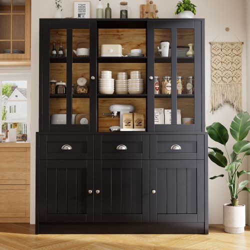 Buffet Haut Avec 3 Tiroirs, Des Étagères Réglables, Rangements Ouverts, Noir