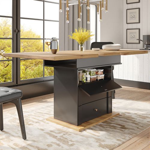 Table à Manger Extensible Rectangulaire Avec 2 Tiroirs, Poignées En Métal Doré, Noir Et Bois