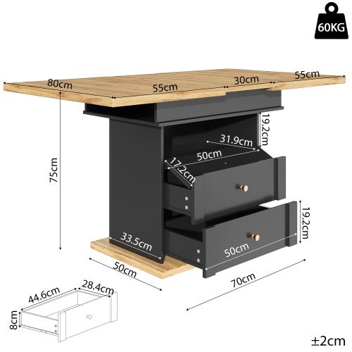 Table à Manger Extensible Rectangulaire Avec 2 Tiroirs, Poignées En Métal Doré, Noir Et Bois