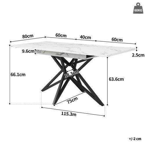 Table à Manger Extensible, Pieds En Métal Noir En Forme D'étoile, En Placage De Marbre Blanc