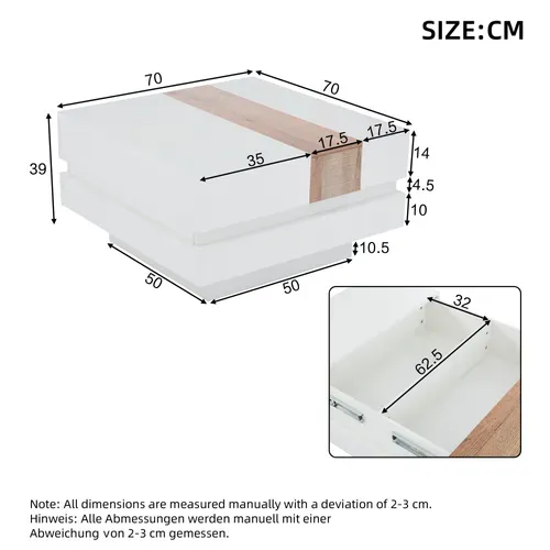 Table Basse Carrée Blanche Et Bois Avec Plateau Rétractable Et Rangement Caché