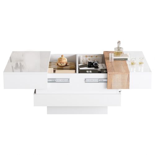 Table Basse Carrée Blanche Et Bois Avec Plateau Rétractable Et Rangement Caché