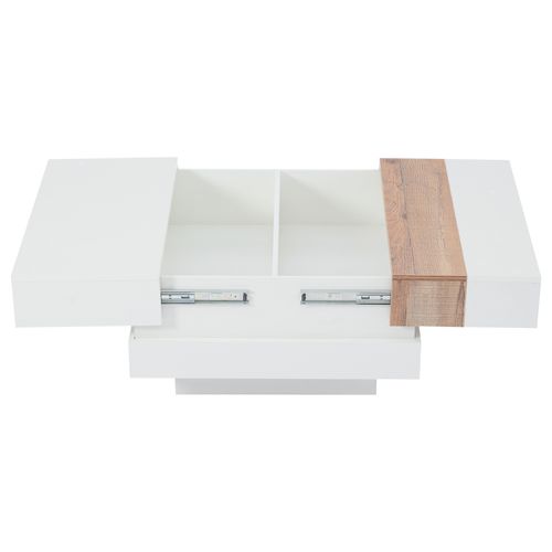 Table Basse Carrée Blanche Et Bois Avec Plateau Rétractable Et Rangement Caché